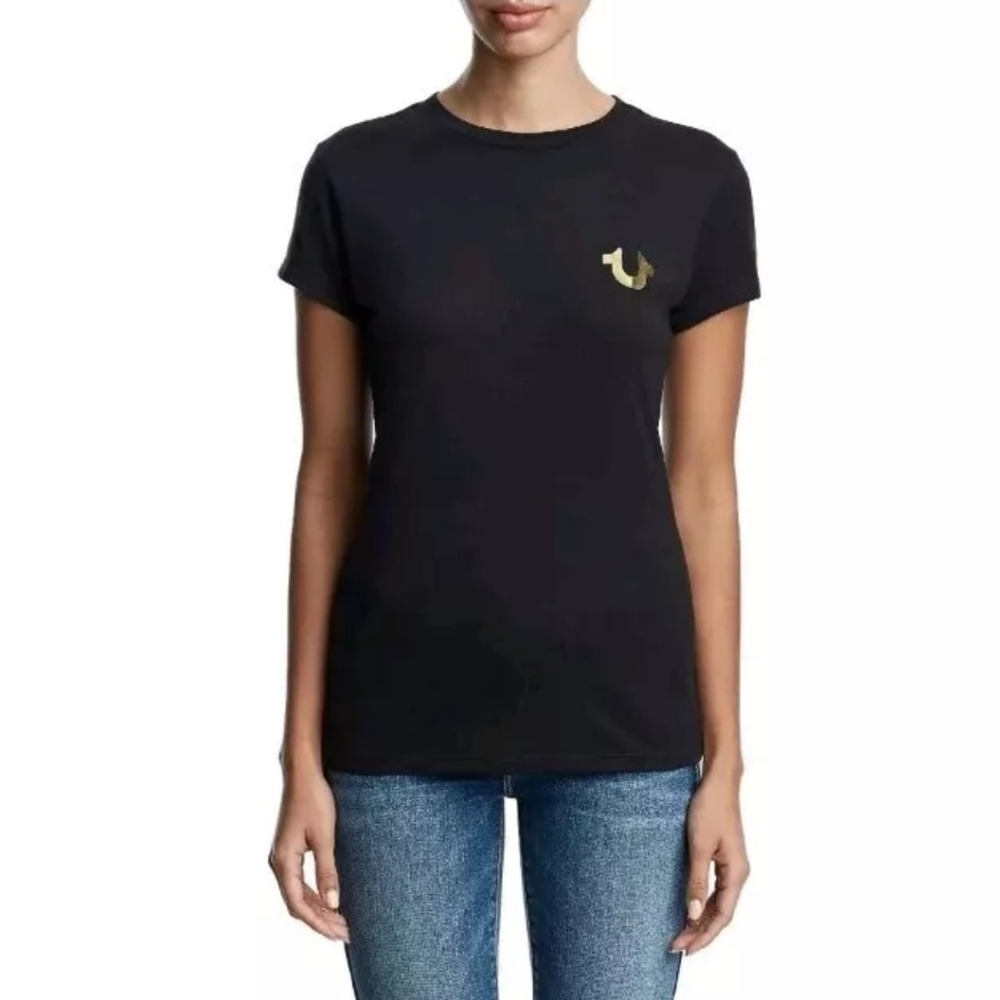 True Religion Women's Gold Metallic Foil Classic Buddha Logo Tee T-Shirt XLARGE